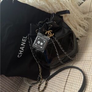 CHANEL Quilted Black Gabrielle bucket bag with Gold Details